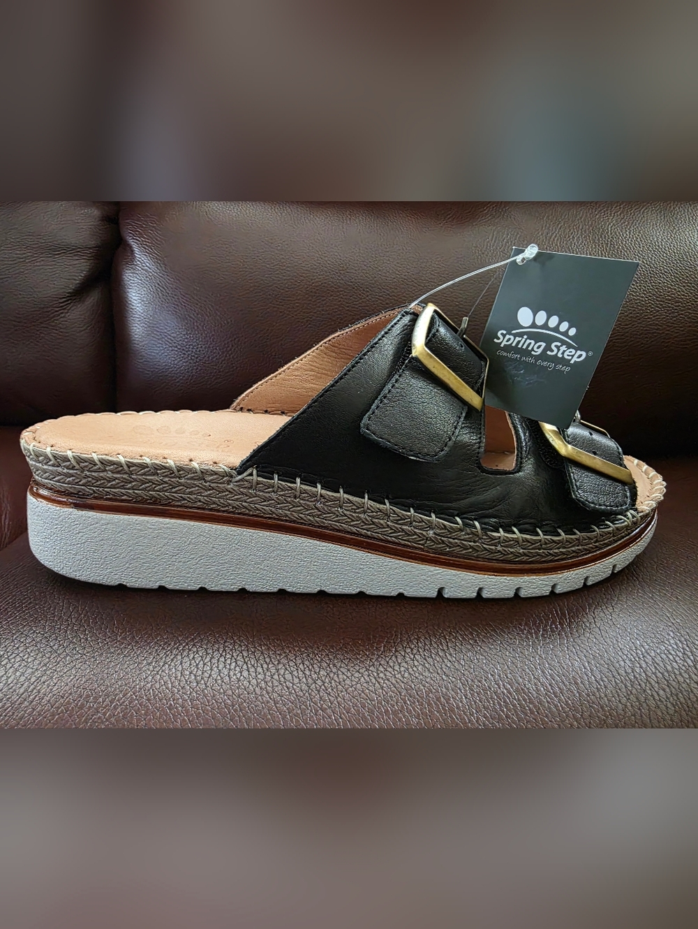 BNWT Spring Step Women’s Black Leather Slide Sandal with Buckle, Size 40 (9)